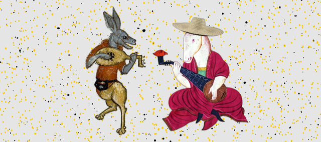 Logos do CICLOPES. Um cavalo com chapeu tocando um rabab e um jumento tocando um alaúde; fundo de pontos amarelos e pretos imitando um céu estrelado. Figuras medievais com alterações criativas para a identidade visual projeto.