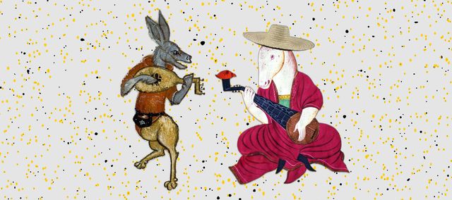 Logos do CICLOPES. Um cavalo com chapeu tocando um rabab e um jumento tocando um alaúde; fundo de pontos amarelos e pretos imitando um céu estrelado. Figuras medievais com alterações criativas para a identidade visual projeto.