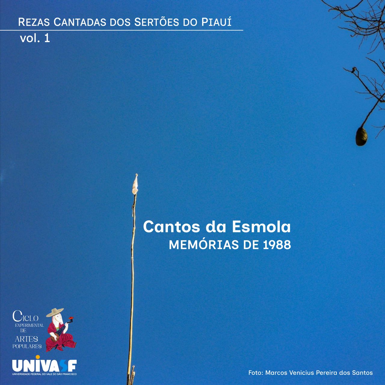 A bandeira do Divino Espírito Santo da comunidade marmelada hasteada na ponta do mastro do Divino; um céu azul sem nuvens ao fundo. Foto de Marcos Venicius Pereira dos Santos.
