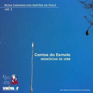 A bandeira do Divino Espírito Santo da comunidade marmelada hasteada na ponta do mastro do Divino; um céu azul sem nuvens ao fundo. Foto de Marcos Venicius Pereira dos Santos.
