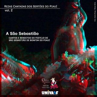 Imagem de São Sebatião em seu altar rodeado por flores; imagem com deslocamente RGB (red, green, blue) criados por processos manuais de impressão, transparência e sobreposição. Textos do título da série, do álbum e dos créditos da imagem distribuídos ao redor da imagem de São Sebastião.