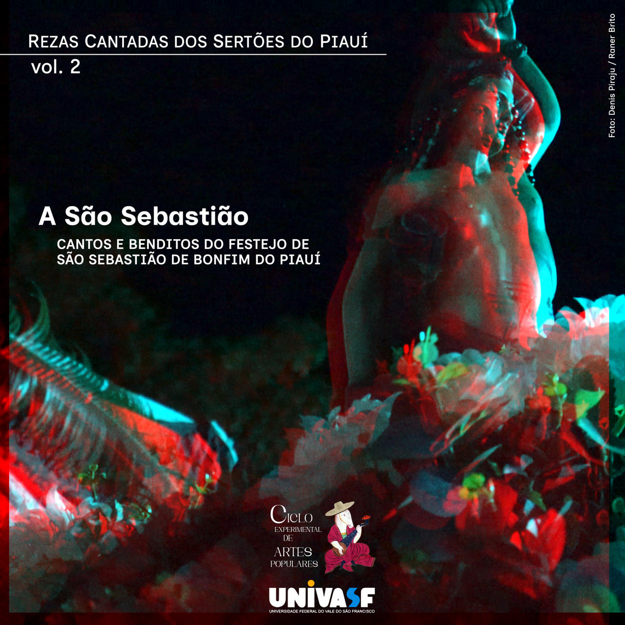 Imagem de São Sebatião em seu altar rodeado por flores; imagem com deslocamente RGB (red, green, blue) criados por processos manuais de impressão, transparência e sobreposição. Textos do título da série, do álbum e dos créditos da imagem distribuídos ao redor da imagem de São Sebastião.
