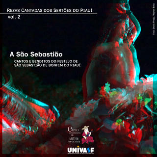 Imagem de São Sebatião em seu altar rodeado por flores; imagem com deslocamente RGB (red, green, blue) criados por processos manuais de impressão, transparência e sobreposição. Textos do título da série, do álbum e dos créditos da imagem distribuídos ao redor da imagem de São Sebastião.